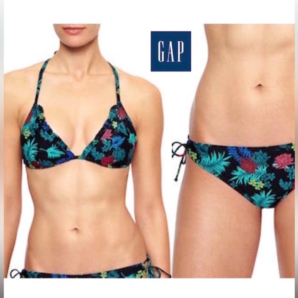 GAP Body String Bikini Tropical Island Floral Print Black 2 piece Swimsuit